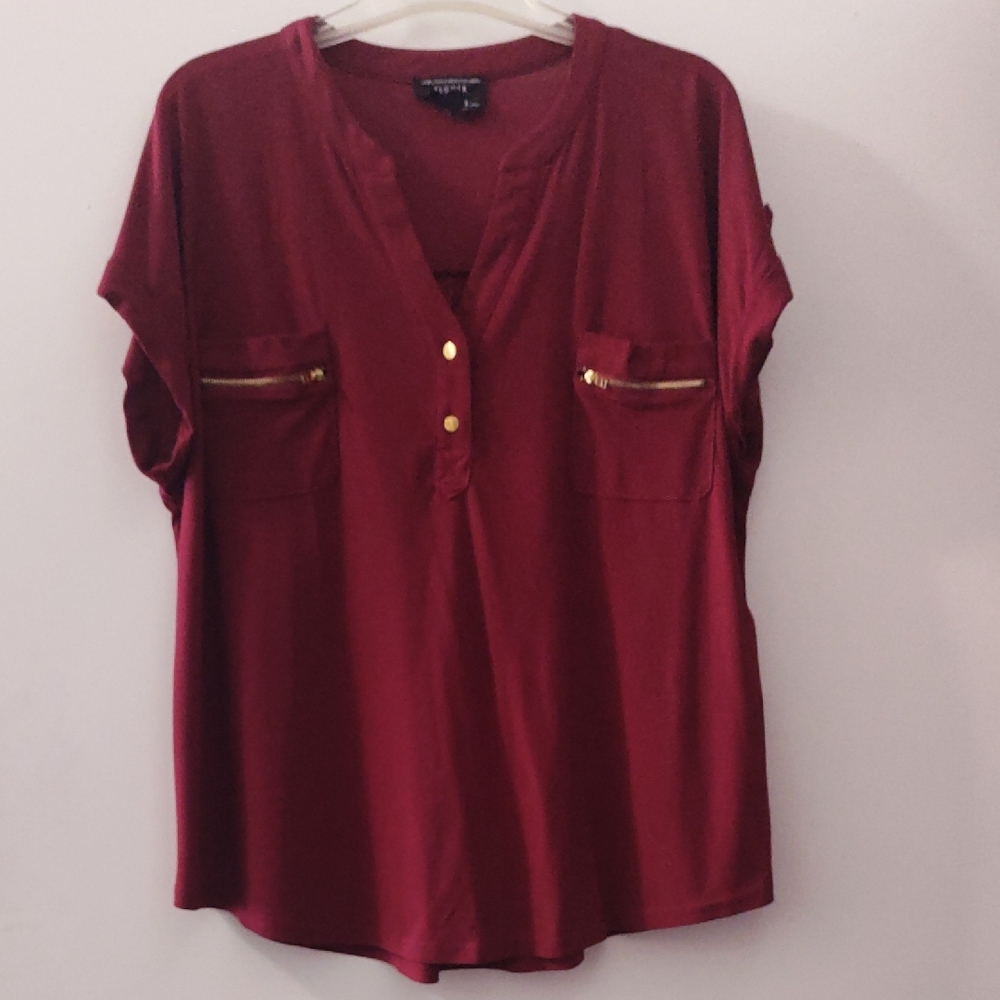 Red Dolman Sleeve Blouse with Mandarin Collar